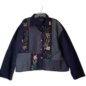 Life Style Patchwork Linen Jacket 1X Navy Floral Embroidered Cottage Boho Granny